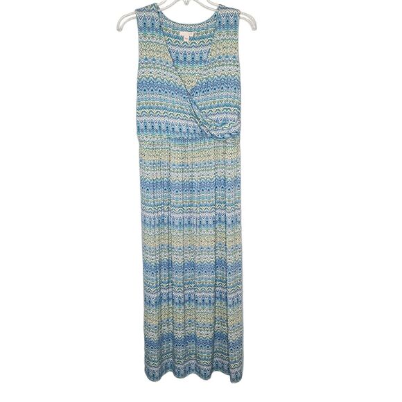 J. Jill Sleeveless Crossover Top Maxi Dress Blue & Green Print Soft Knit Medium - Picture 1 of 7